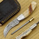 Personalized Custom Damascus Steel Folding Pocket Knife with Handle Kowa Wood with Leather Sheath