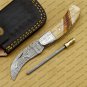 Personalized Custom Damascus Steel Folding Pocket Knife with Handle Kowa Wood with Leather Sheath