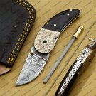 Custom Damascus Steel Folding Pocket Knife with Free Keychain Handle Kowa Wood with Leather Sheeth