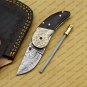 Custom Damascus Steel Folding Pocket Knife with Free Keychain Handle Kowa Wood with Leather Sheeth