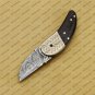 Custom Damascus Steel Folding Pocket Knife with Free Keychain Handle Kowa Wood with Leather Sheeth