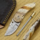 Custom Damascus Steel Folding Pocket Knife with Free Keychain Handle Kowa Wood with Leather Sheeth