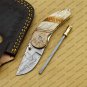 Custom Damascus Steel Folding Pocket Knife with Free Keychain Handle Kowa Wood with Leather Sheeth