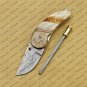 Custom Damascus Steel Folding Pocket Knife with Free Keychain Handle Kowa Wood with Leather Sheeth