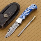 Customize Damascus Pocket Folding Knife, Groomsmen Gifts Anniversary Gift Leather Sheath