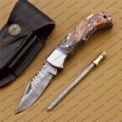 Customize Damascus Pocket Folding Knife, Groomsmen Gifts Anniversary Gift Leather Sheath