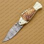 Handmade Golden Fish Engraved Pocket Knife Damascus Folding Knife Bone Handle