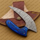 Damascus Chef Kitchen Ulu Knife Chef Knife Heavy Duty Damascus Handle Blue Koa Wood + Leather Sheath