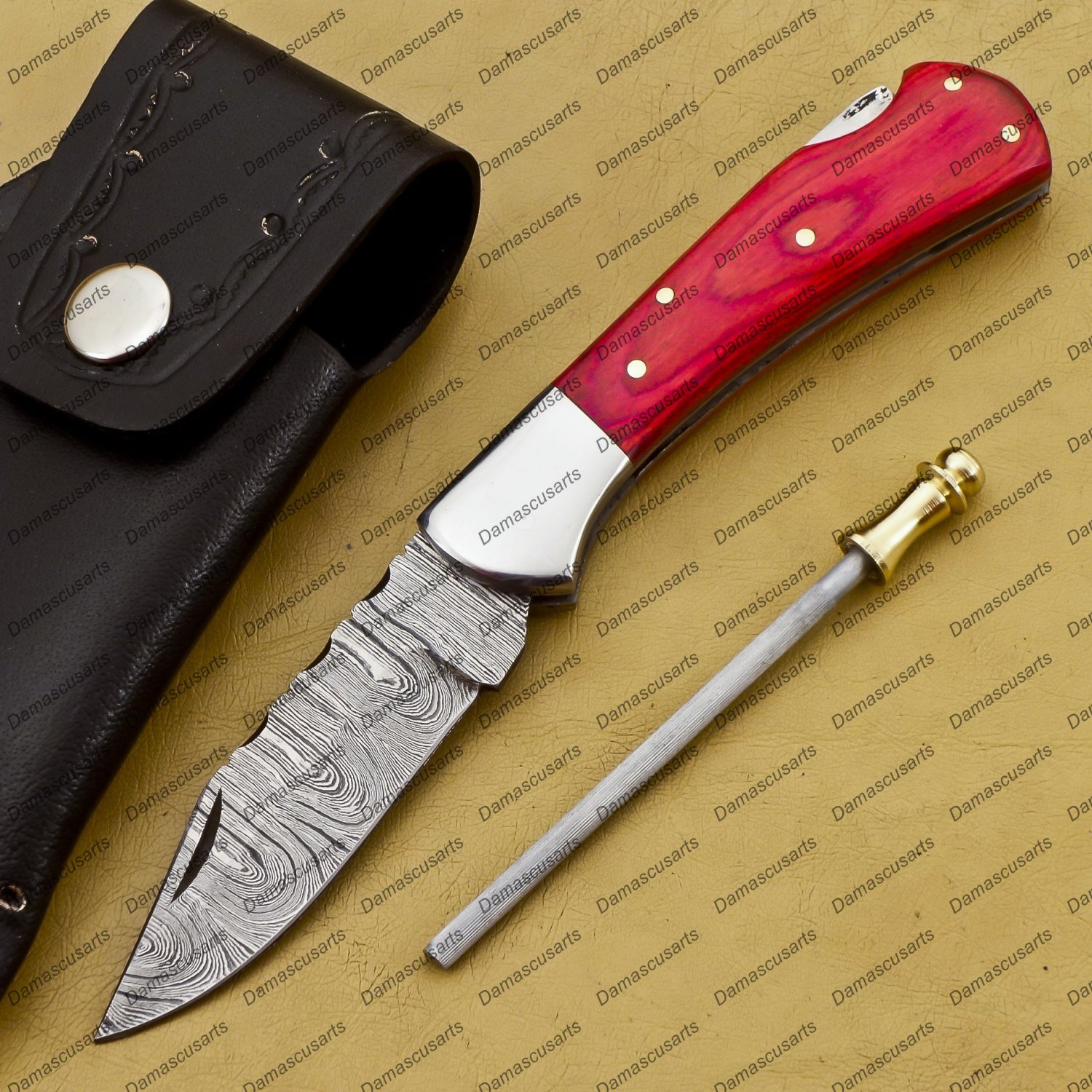 Customize Damascus Pocket Folding Knife, Groomsmen Gifts Anniversary Gift Leather Sheath