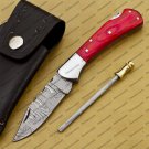Customize Damascus Pocket Folding Knife, Groomsmen Gifts Anniversary Gift Leather Sheath
