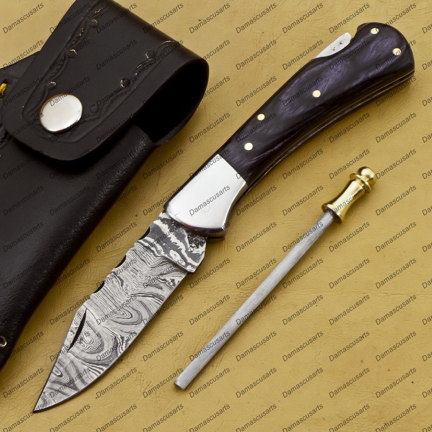 Customize Damascus Pocket Folding Knife, Groomsmen Gifts Anniversary Gift Leather Sheath