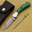 Customize Damascus Pocket Folding Knife, Groomsmen Gifts Anniversary Gift Leather Sheath