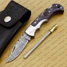 Customize Damascus Pocket Folding Knife, Groomsmen Gifts Anniversary Gift Leather Sheath