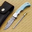 Customize Damascus Pocket Folding Knife, Groomsmen Gifts Anniversary Gift Leather Sheath
