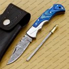 Customize Damascus Pocket Folding Knife, Groomsmen Gifts Anniversary Gift Leather Sheath