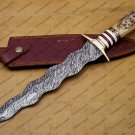 Beautiful Custom Handmade Damascus Steel Dagger Knife with Leather Sheath