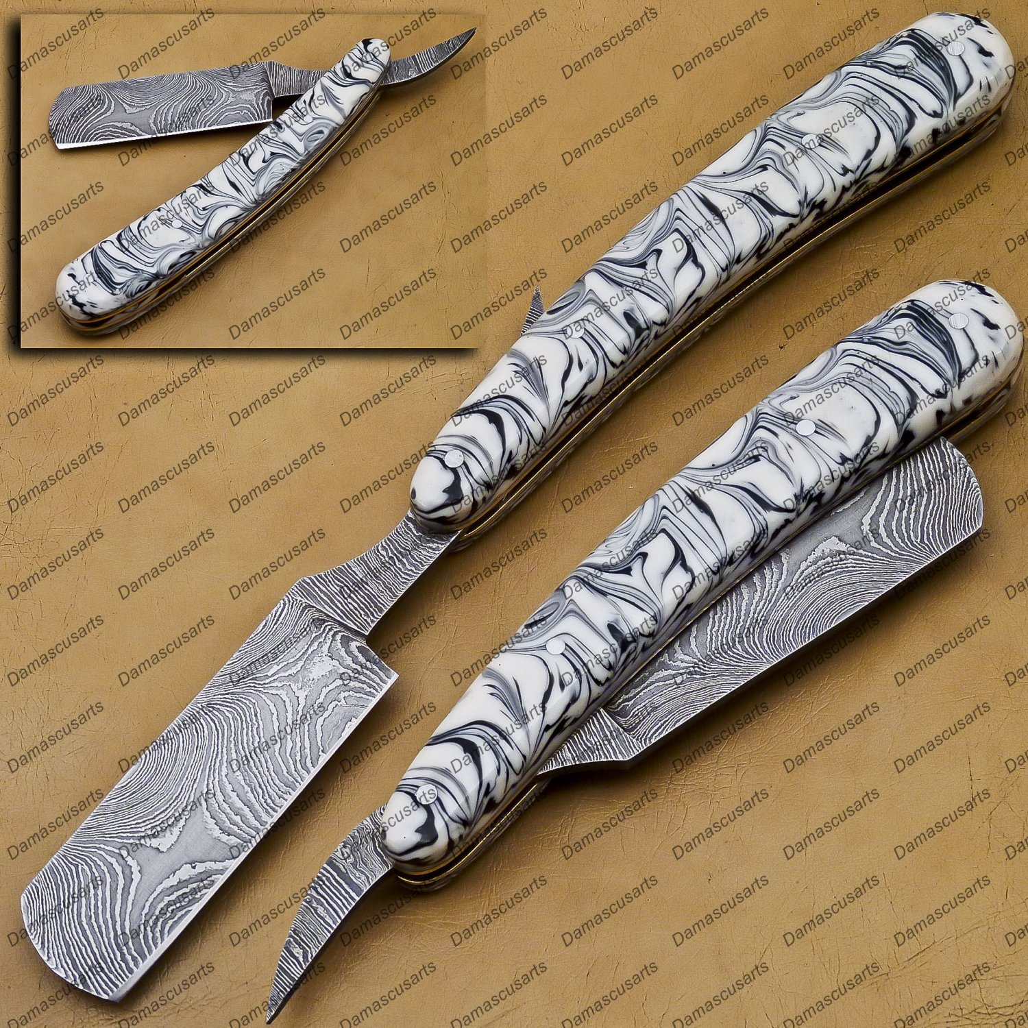 Personalized Damascus Folding Pocket Custom Blade Straight Razor very sharp with leather sheath