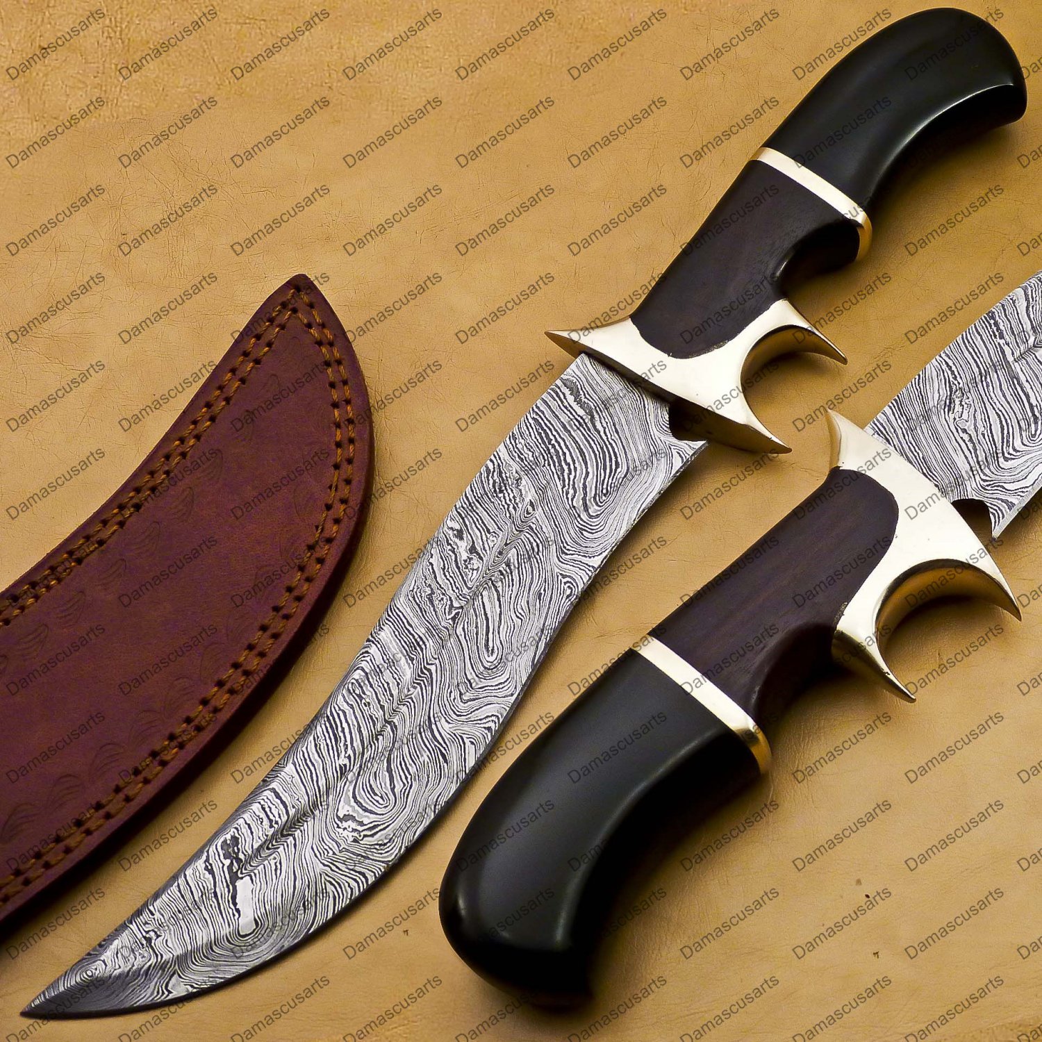 Personalized Custom Forged Hunter Knife Damascus Steel Bowie Knife Handle Sheet With Leather Sheath