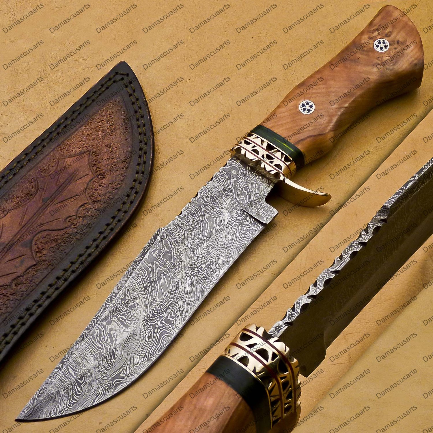 Personalized Custom Forged Hunter Knife Damascus Steel Bowie Knife Handle Sheet With Leather Sheath
