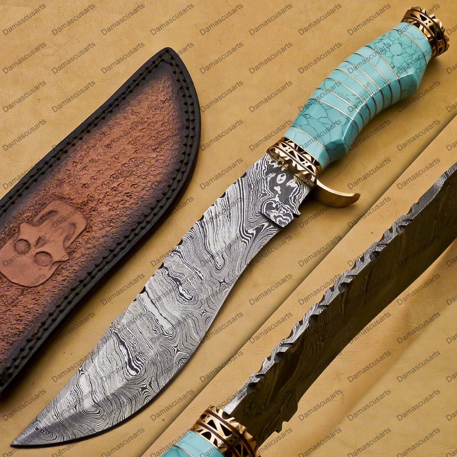 Personalized Custom Forged Hunter Knife Damascus Steel Bowie Knife Handle Sheet With Leather Sheath