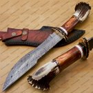 Handmade Damascus Steel Mosaic Bowie Knife Hunting Knife with Bone Handle Sheath