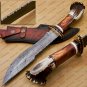 Handmade Damascus Steel Mosaic Bowie Knife Hunting Knife with Bone Handle Sheath