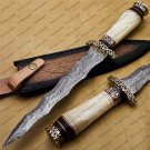 Beautiful Custom Handmade Damascus Steel Dagger Knife with Leather Sheath