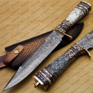 Custom Handmade Damascus Steel Mosaic Bowie Knife Hunting Knife Sheet Handle With Leather Sheath