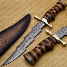 Custom Handmade Damascus Steel Mosaic Bowie Knife Hunting Knife Sheet Handle With Leather Sheath