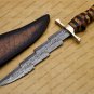 Custom Handmade Damascus Steel Mosaic Bowie Knife Hunting Knife Sheet Handle With Leather Sheath