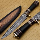 Custom Handmade Damascus Steel Mosaic Bowie Knife Hunting Knife Sheet Handle With Leather Sheath