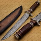 Custom Handmade Damascus Steel Mosaic Bowie Knife Hunting Knife Sheet Handle With Leather Sheath