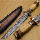 Custom Handmade Damascus Steel Mosaic Bowie Knife Hunting Knife Sheet Handle With Leather Sheath