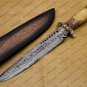 Custom Handmade Damascus Steel Mosaic Bowie Knife Hunting Knife Sheet Handle With Leather Sheath