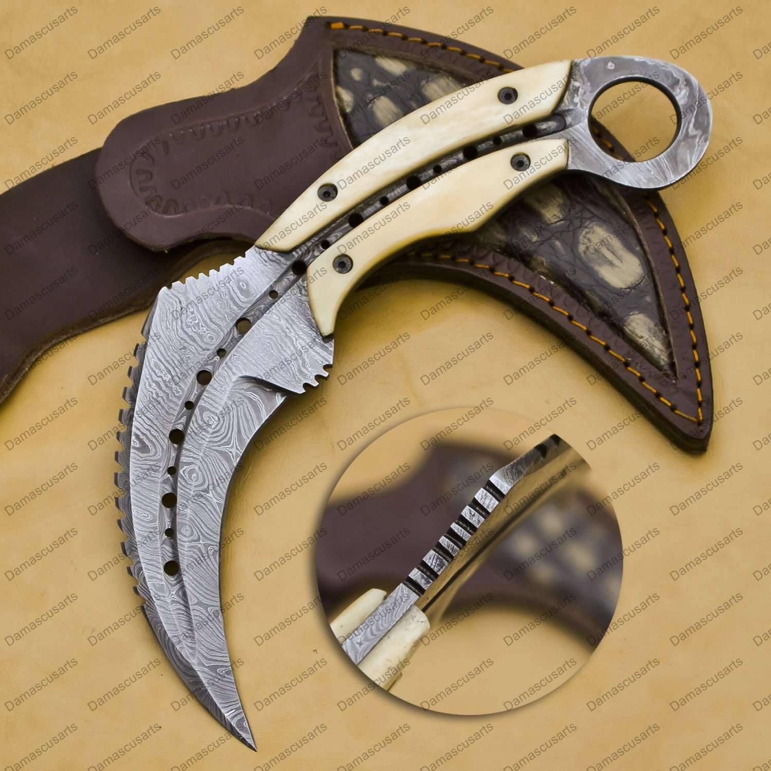 Handcrafted Damascus Steel Fixed Blade Karambit Knife with Ram Horn & Wenge Wood Handle + Sheath