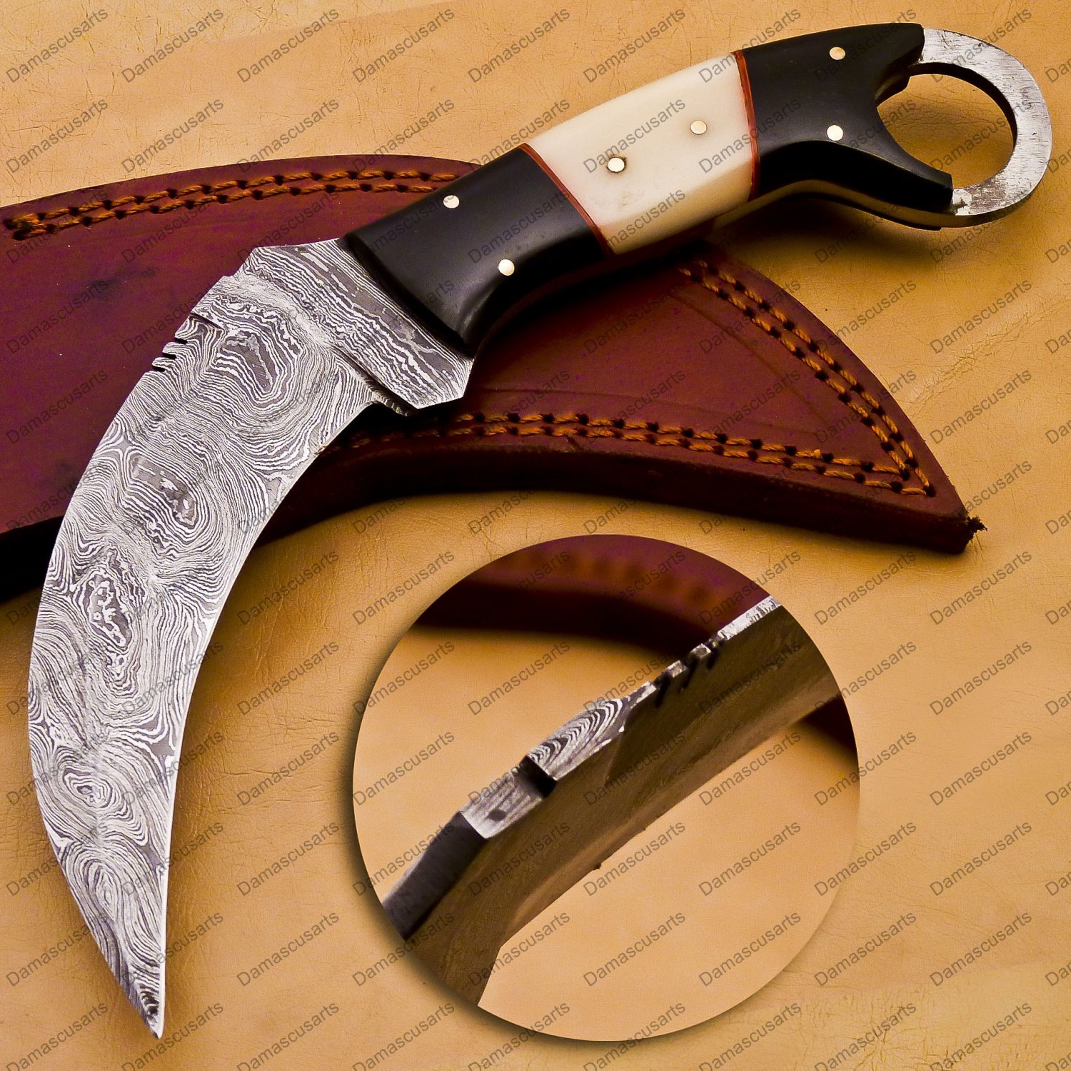Damascus Steel Handmade Fixed Blade Karambit Knife Ram Horn and Wenge Wood Handle + Leather Sheath