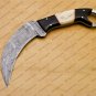 Damascus Steel Handmade Fixed Blade Karambit Knife Ram Horn and Wenge Wood Handle + Leather Sheath