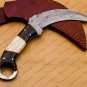 Damascus Steel Handmade Fixed Blade Karambit Knife Ram Horn and Wenge Wood Handle + Leather Sheath