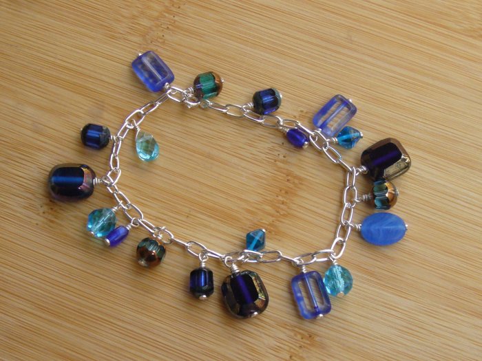 Gorgeous Blue Glass Beads Silver Charm Bracelet