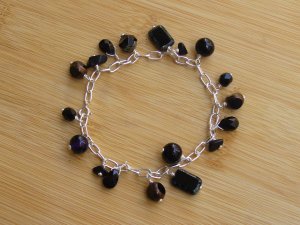 B022: Black & Silver Glass Bead Charm Bracelet