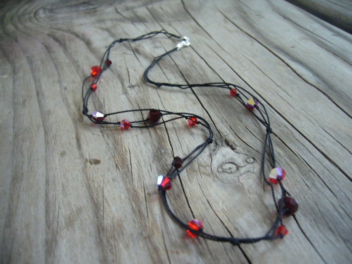 Black Silk & Red Swarovski Glass Bead Necklace
