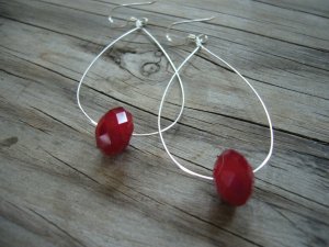 Eye Catching Long Silver Hoop with Bright Red Glass Bead