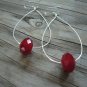 Eye Catching Long Silver Hoop with Bright Red Glass Bead