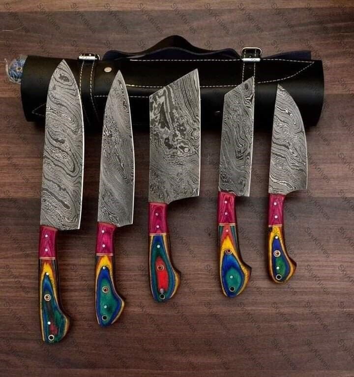 5pice Handmade Damascuse Kitchen Chef Set wood Handle with Lethathe Rolbeg