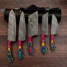 5pice Handmade Damascuse Kitchen Chef Set wood Handle with Lethathe Rolbeg