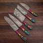 5pice Handmade Damascuse Kitchen Chef Set wood Handle with Lethathe Rolbeg