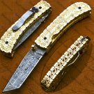 7.5"Handmade Damascuse Pocket Knife Ingravable Brass Handle with Lethathe Sheath