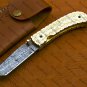 7.5"Handmade Damascuse Pocket Knife Ingravable Brass Handle with Lethathe Sheath