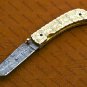7.5"Handmade Damascuse Pocket Knife Ingravable Brass Handle with Lethathe Sheath