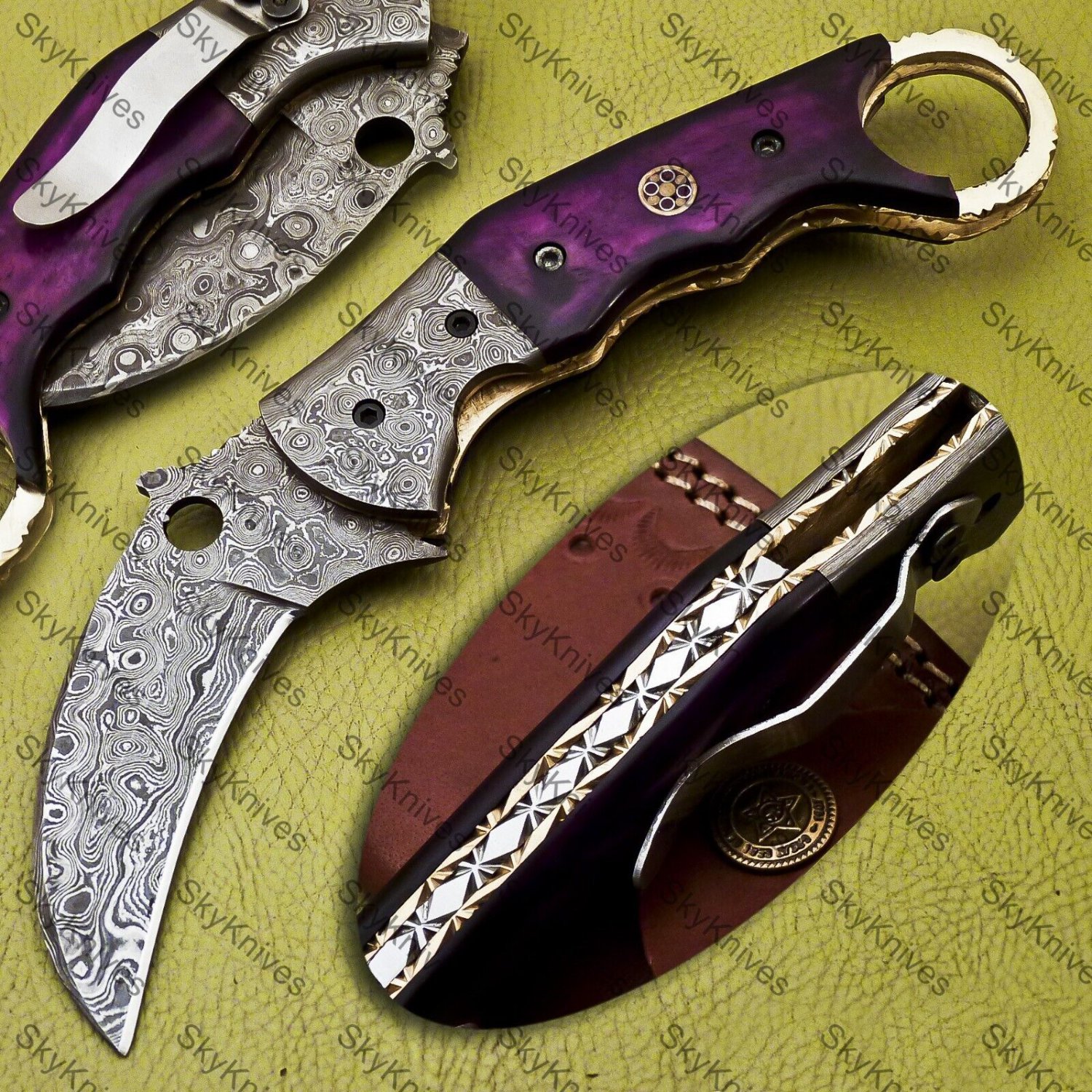 Customized Handmade Damascuse Krambit Knife wood Handle with Lethathe Sheath